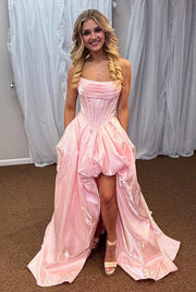 Satin A-Line Strapless Party Prom Dress With Train And Pocktes