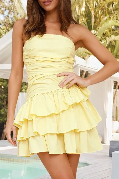 Satin A-Line Strapless Pleated Ruffle Homecoming Dress