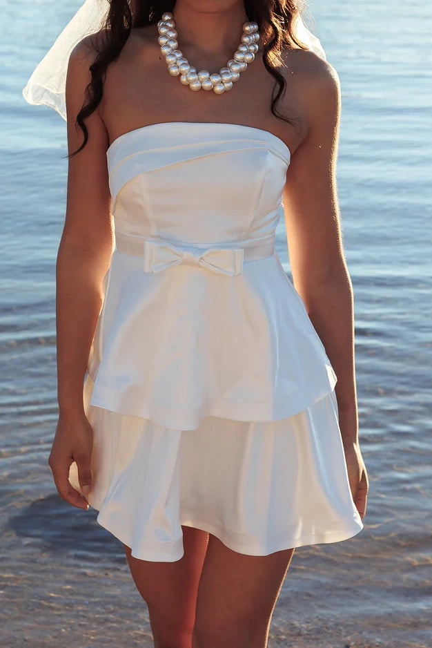 Satin A-Line Strapless Tiered Empire Homecoming Graduation Dress