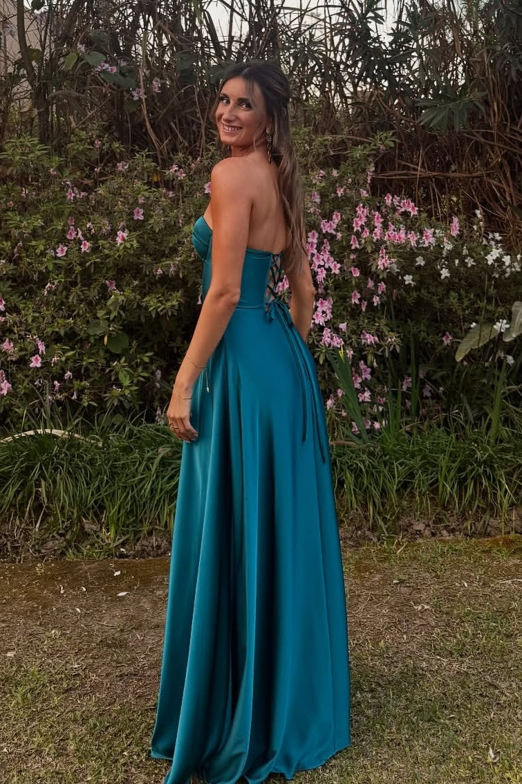 Satin A-Line Sweetheart Sleeveless Long Prom Party Dress