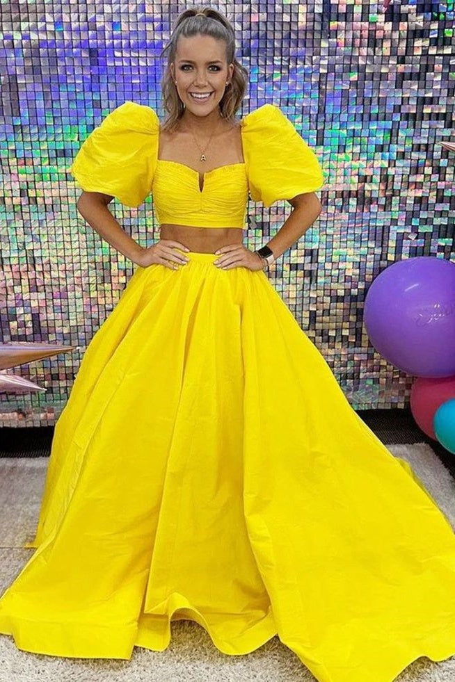 Satin A-Line Two Tone Short Sleeves Party Prom Dress With Slit