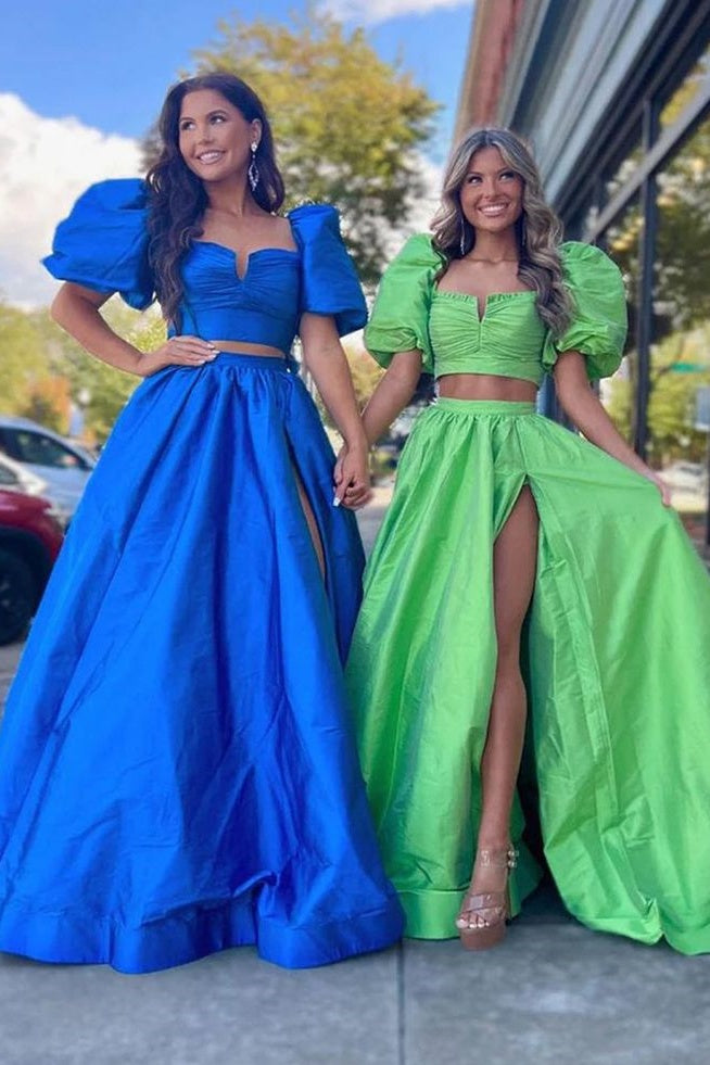 Satin A-Line Two Tone Short Sleeves Party Prom Dress With Slit