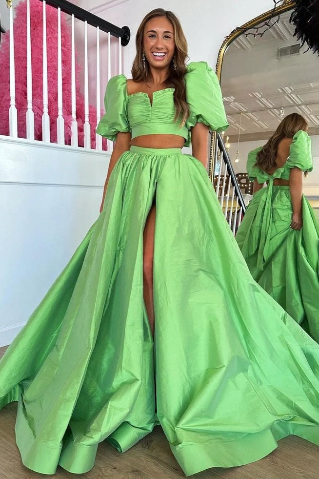 Satin A-Line Two Tone Short Sleeves Party Prom Dress With Slit