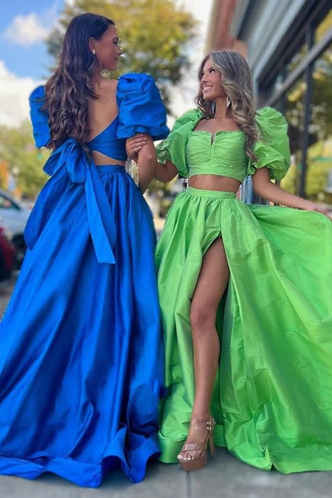Satin A-Line Two Tone Short Sleeves Party Prom Dress With Slit