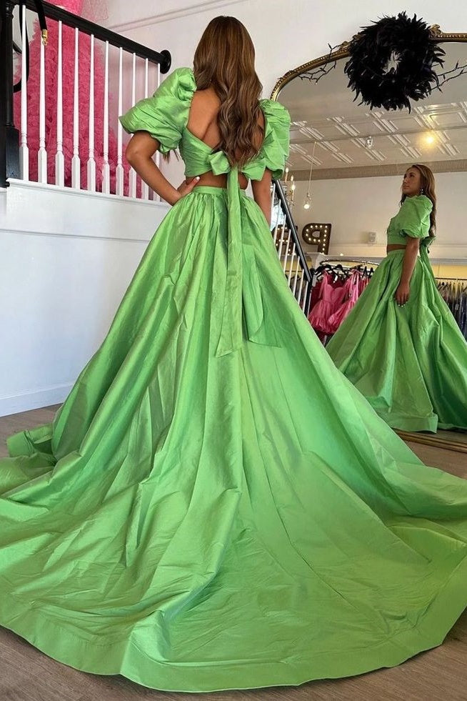 Satin A-Line Two Tone Short Sleeves Party Prom Dress With Slit