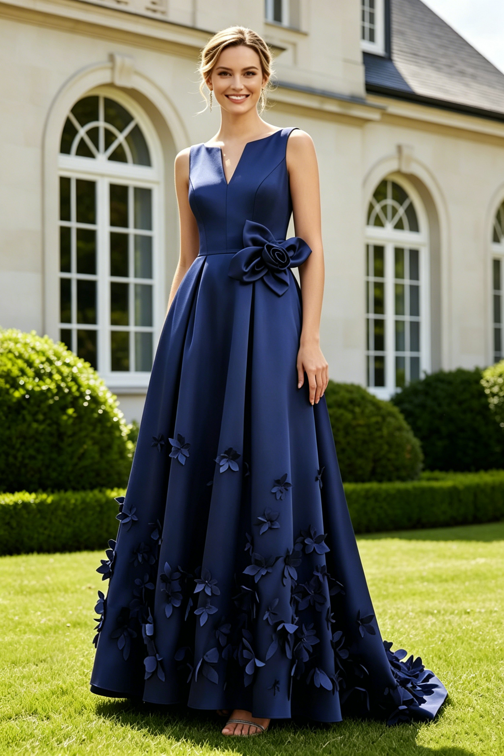 Satin A-Line V-Back Empire 3D Floral Mother Of The Bridge Dress