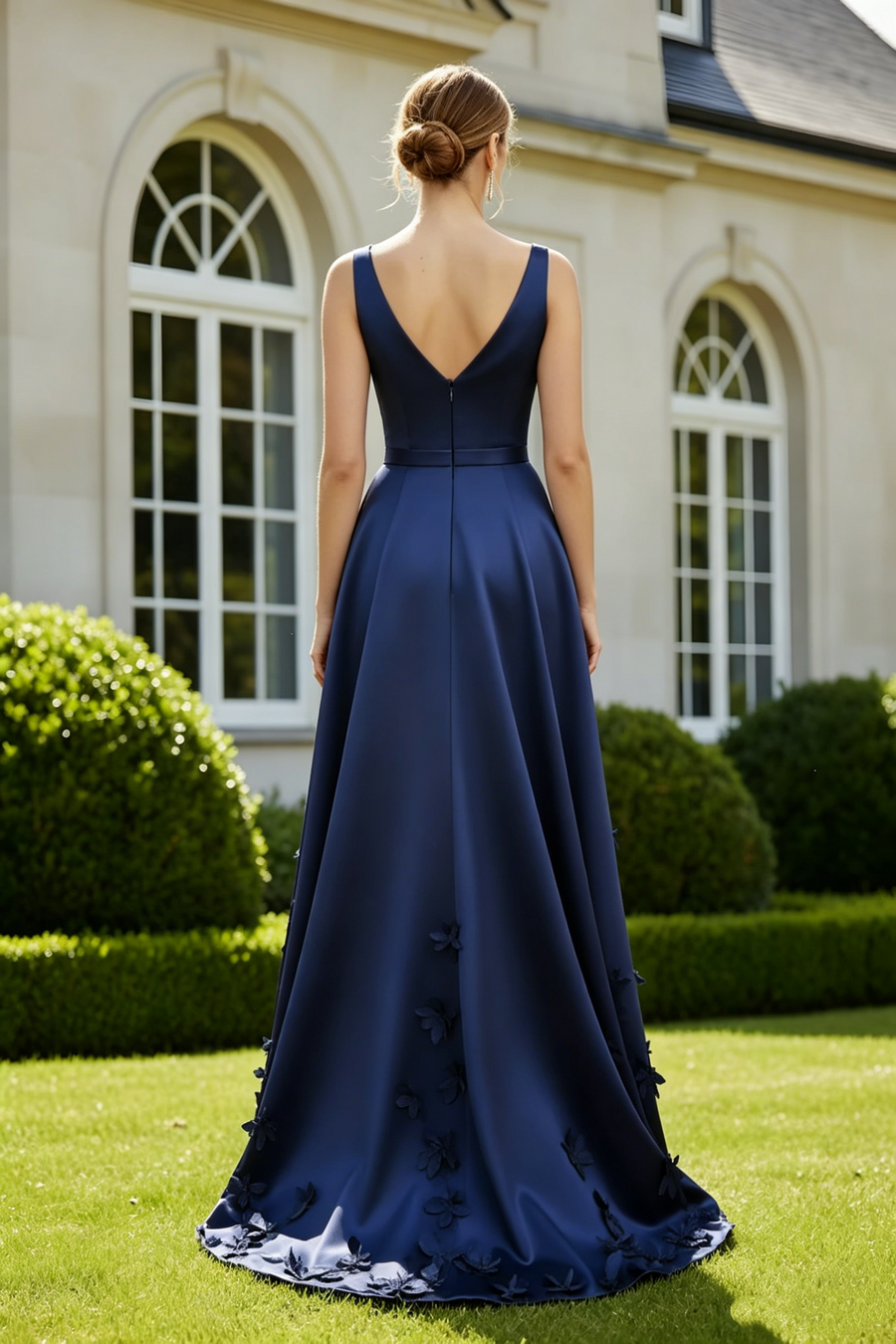 Satin A-Line V-Back Empire 3D Floral Mother Of The Bridge Dress