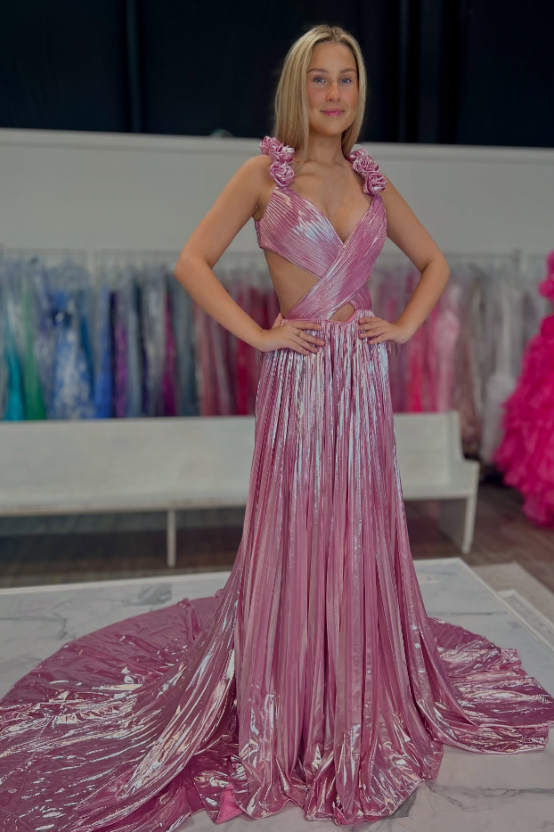 Satin A-Line V-Neck Florals Straps Formal Party Prom Dress With Train