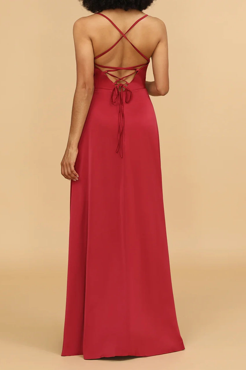 Satin A-Line V-Neck Spaghetti Straps Lace Up Bridesmaid Dress