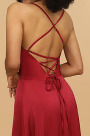 Satin A-Line V-Neck Spaghetti Straps Lace Up Bridesmaid Dress