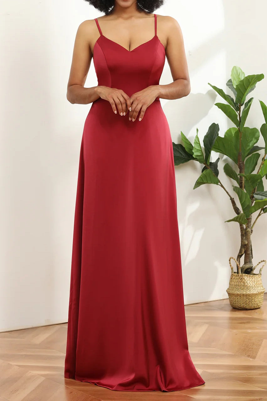 Satin A-Line V-Neck Spaghetti Straps Lace Up Bridesmaid Dress