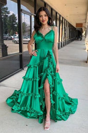 Satin A-Line V-Neck Spaghetti Straps Ruffled With Train Prom Dress