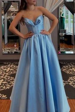 A-Line V-Neck Sleeveless Empire Long Satin Party Prom Dress