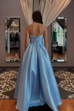 A-Line V-Neck Sleeveless Empire Long Satin Party Prom Dress