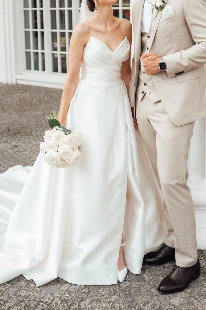 Satin A-Line V-Neck Strapless With Side Slit Wedding Dress White / US 2 Satin A-Line V-Neck Strapless With Side Slit Wedding Dress White / US 2