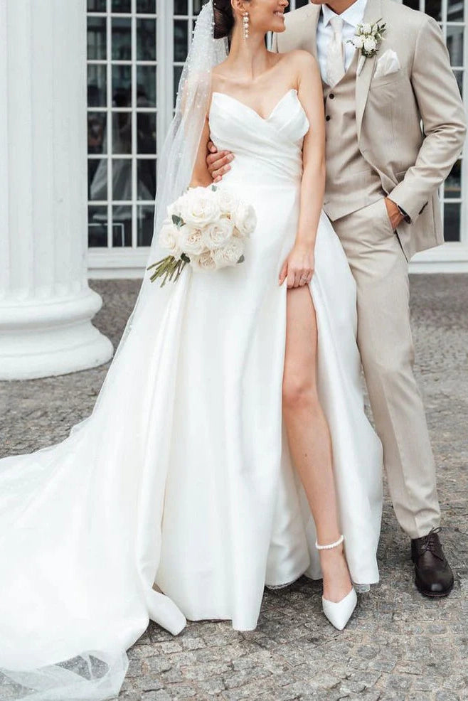 satin slit wedding dress A-Line V-Neck Strapless With Side White / US 2 allowing you to move ivory V-Neck Maxi Dress Size:Custom Size(leave your measurements in the note list) summer shop