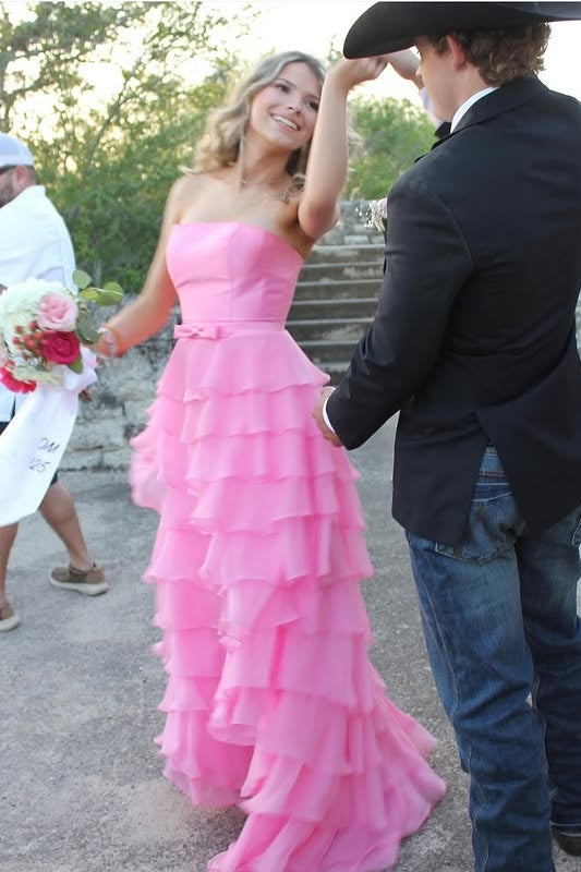 Satin And Chiffon A-Line Strapless Empire Tiered Party Prom Dress