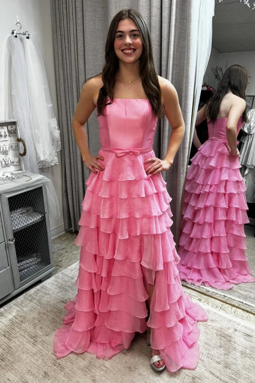 Satin And Chiffon A-Line Strapless Empire Tiered Party Prom Dress