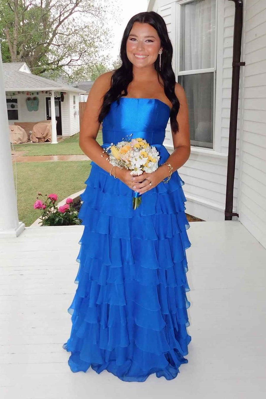 Satin And Chiffon A-Line Strapless Empire Tiered Party Prom Dress