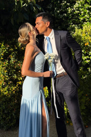 Satin And Chiffon A-Line Strapless Party Prom Dress With Slit