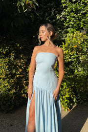 Satin And Chiffon A-Line Strapless Party Prom Dress With Slit