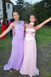 Satin And Pleated Chiffon A-Line Strapless Maxi Party Prom Dress
