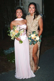 Satin And Pleated Chiffon A-Line Strapless Maxi Party Prom Dress