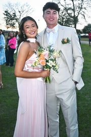 Satin And Pleated Chiffon A-Line Strapless Maxi Party Prom Dress