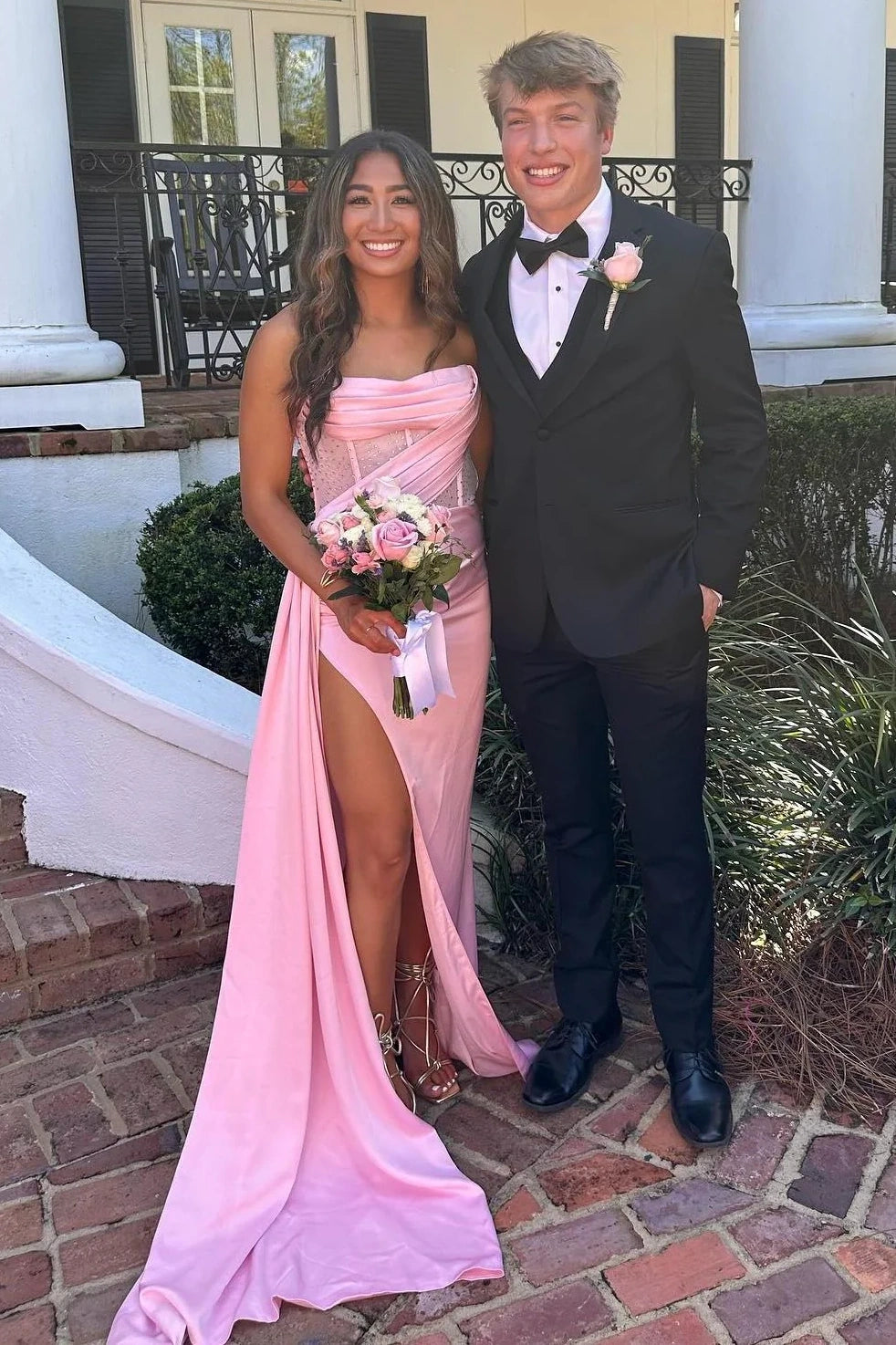 Satin Bateau Strapless Pleated Empire Prom Party Dress With Leg Slit 