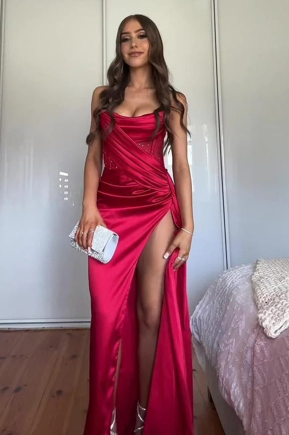 Satin Bateau Strapless Pleated Empire Prom Party Dress With Leg Slit 