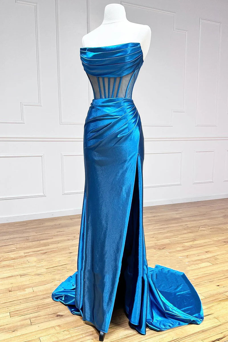 Satin Fitted Strapless Empire With Side Slit Prom Dress