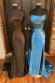 Satin Fitted Strapless Empire With Side Slit Prom Dress