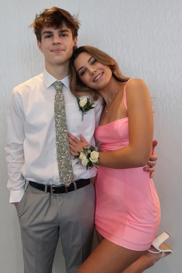 Satin Fitted Empire Square Sleeveless Mini Homecoming Dress Pink / US 6 Satin Fitted Empire Square Sleeveless Mini Homecoming Dress Pink / US 6