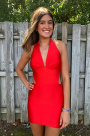 Satin Fitted Low V-Neck Halter Backless Mini Homecoming Dress