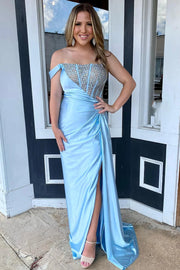 Satin Fitted One Shoulder Beaded With Slit Party Dress