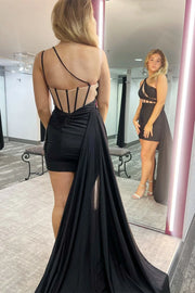 Satin Fitted One Shoulder Sleeveless Sheer Empire Homecoming Dress