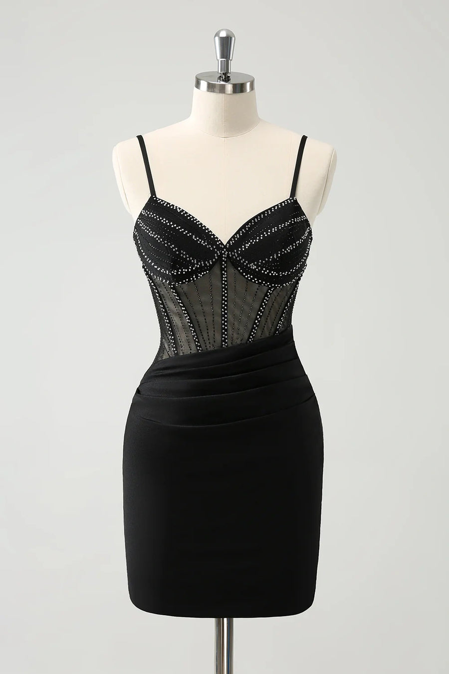 Satin Fitted Sweetheart Spaghetti Straps Sheer Beaded Homecoming Dress | Joyofdress Satin Fitted Sweetheart Spaghetti Straps Sheer Beaded Homecoming Dress | Joyofdress