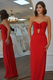 Satin Fitted Sweetheart Strapless Long Red Party Prom Dress