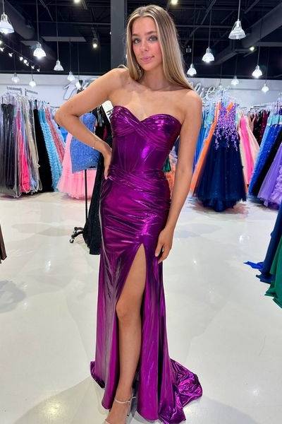 Satin Fitted Sweetheart Strapless With Side Slit Prom Dress