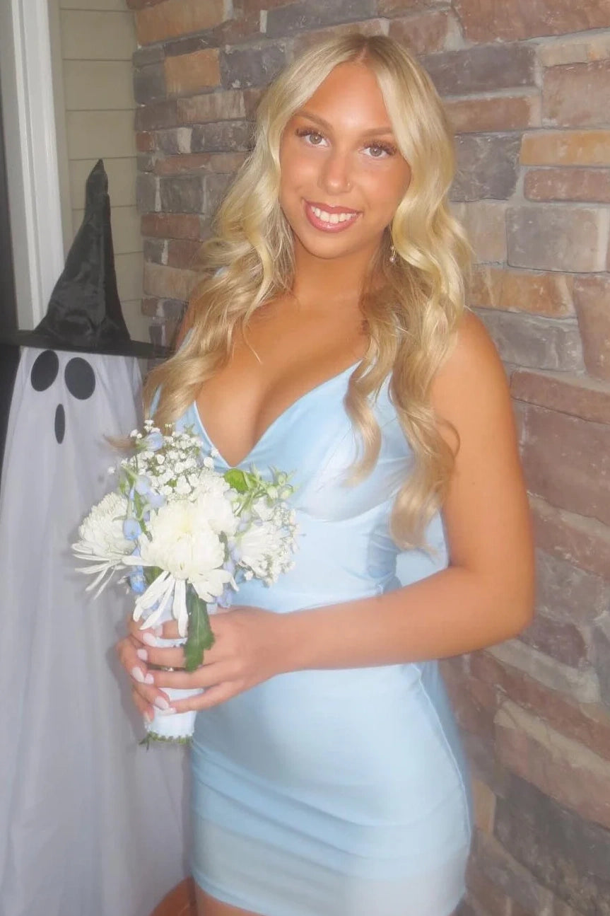 Satin Fitted V-Neck Backless Mini Party Homecoming Dress With Bow