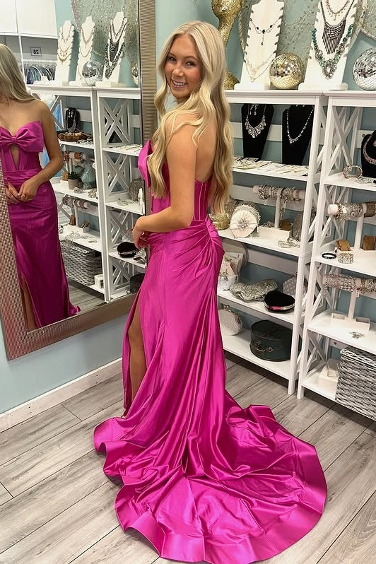 Satin Mermaid Bow Strapless Party Prom Dress With Slit