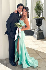 Satin Mermaid Sleeveless Casual Party Prom Dress With Leg Slit