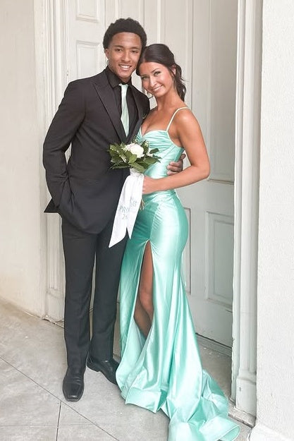 Satin Mermaid Sleeveless Casual Party Prom Dress With Leg Slit