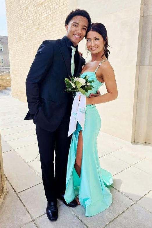 Satin Mermaid Sleeveless Casual Party Prom Dress With Leg Slit