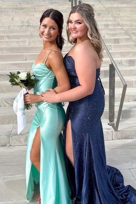 Satin Mermaid Sleeveless Casual Party Prom Dress With Leg Slit