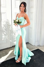 Satin Mermaid Sleeveless Casual Party Prom Dress With Leg Slit