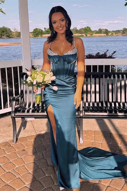 Satin Mermaid Spaghetti Straps V-Neck Party Prom Dress With Beaded