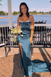Satin Mermaid Spaghetti Straps V-Neck Party Prom Dress With Beaded