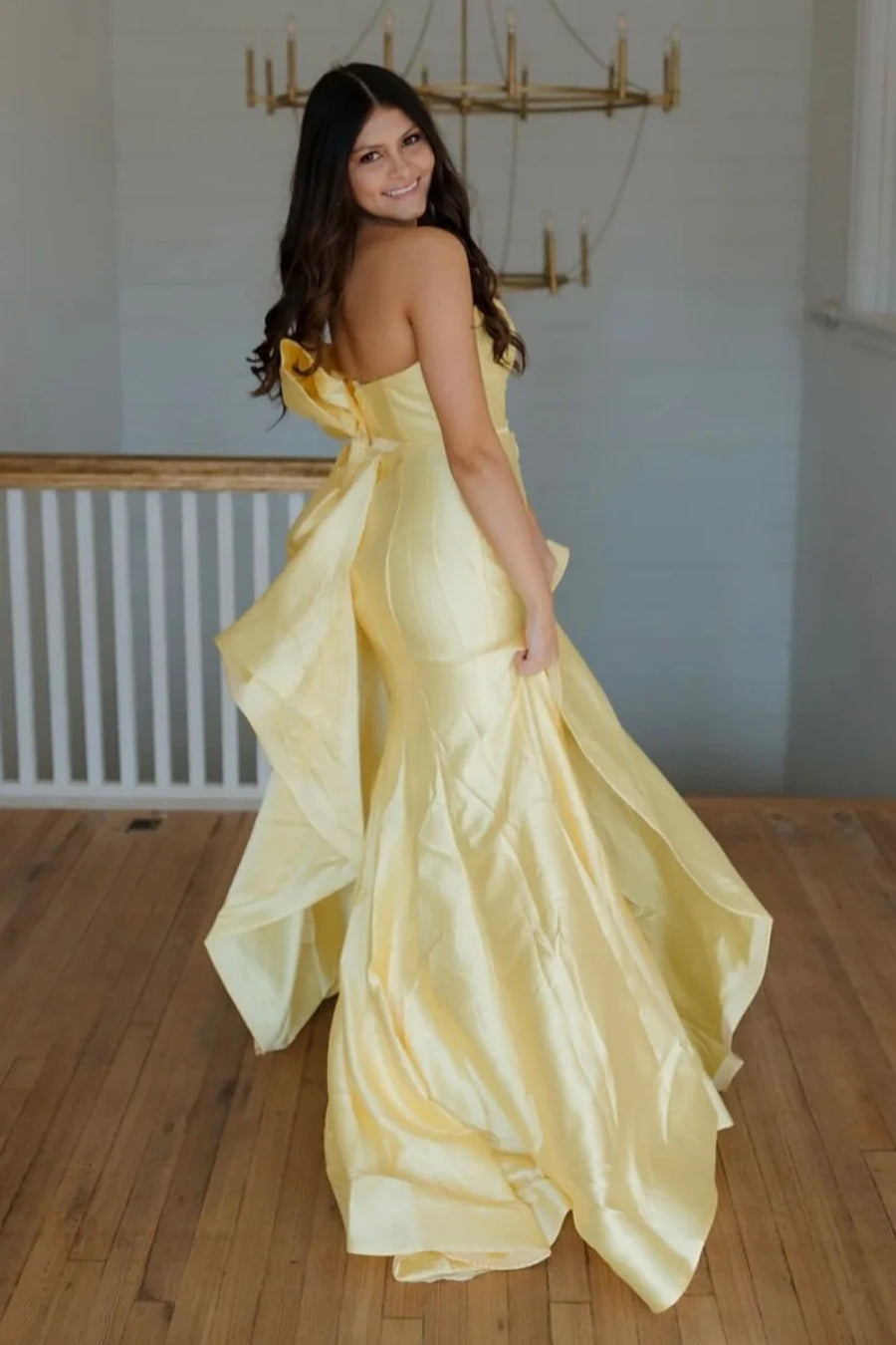 Satin Mermaid Strapless Long Party Prom Dress With Bow Train