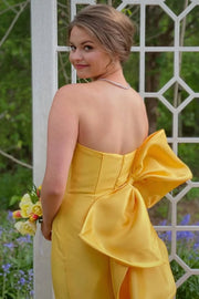 Satin Mermaid Strapless Long Party Prom Dress With Bow Train